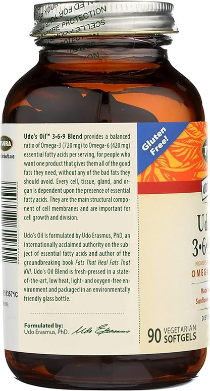 Flora Health Udo's Oil 3-6-9 Blend, Balanced Omega Fatty Acids from Flax, Sesame, Sunflower 90 Vegetarian Softgels