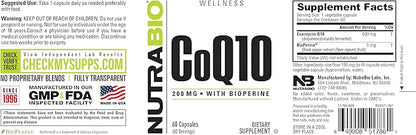 NutraBio CoQ10 Dietary Supplement with Bioperine, Healthy Heart Function & Cellular Energy Production, 200mg - 60 Capsules