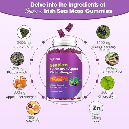 2 Pack Irish Sea Moss Gummies with Elderberry, Bladderwrack, Burdock, Chlorophyll - Digestion, Skin, Hair and Enhance Immunity - Adults Kids Women Men, 120 Blueberry Flavored Gummies