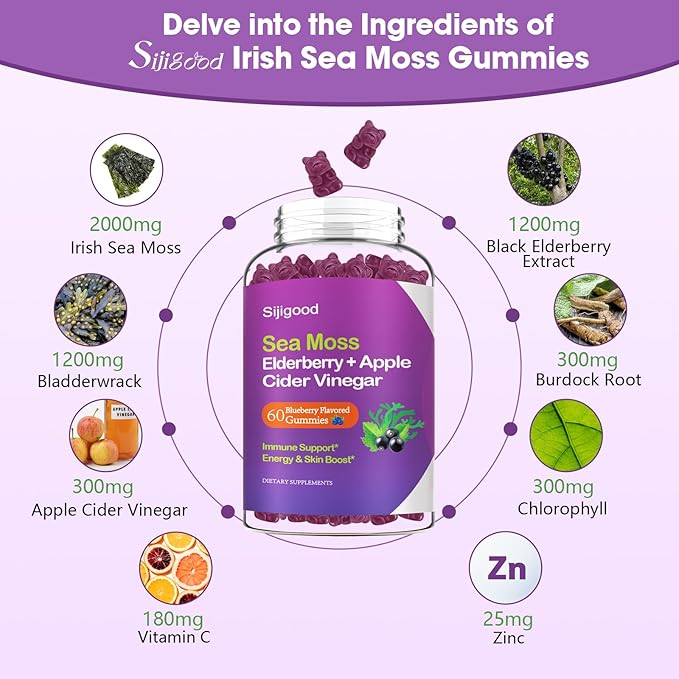 Irish Sea Moss Gummies with Elderberry, Bladderwrack, Burdock, Chlorophyll - Digestion, Skin, Hair and Enhance Immunity - Adults Kids Women Men, 60 Blueberry Flavored Gummies
