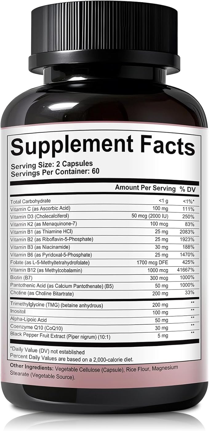 Methylated Multivitamin B-Complex with Vitamin C, D3, K2, Choline & Inositol – Active B12, B6 & Folate (L-5-MTHF) – Supports Energy, Nerve & Heart Health – CoQ10 & Alpha Lipoic Acid – 120 Capsules