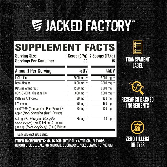 Jacked Factory Nitrosurge Build Pre Workout with Creatine for Muscle Building - Con Cret Creatine Powder & elevATP for Intense Energy, Powerful Pumps, & Endless Endurance - 30 Servings, Arctic White