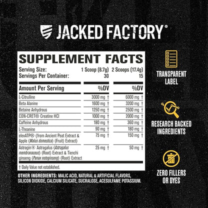 Jacked Factory Nitrosurge Build Pre Workout with Creatine for Muscle Building - Con Cret Creatine Powder & elevATP for Intense Energy, Powerful Pumps, & Endless Endurance - 30 Servings, Arctic White