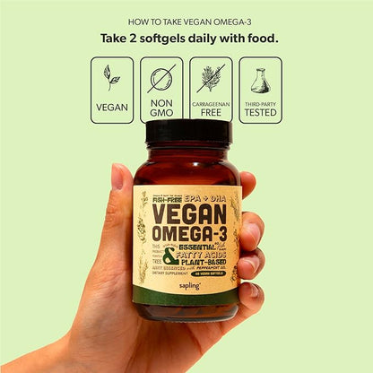 Vegan Omega 3 Supplement - Plant Based DHA & EPA Fatty Acids - Carrageenan Free, Alternative to Fish Oil, Supports Heart, Brain, Joint Health - Sustainably Sourced Algae - 60 Softgels
