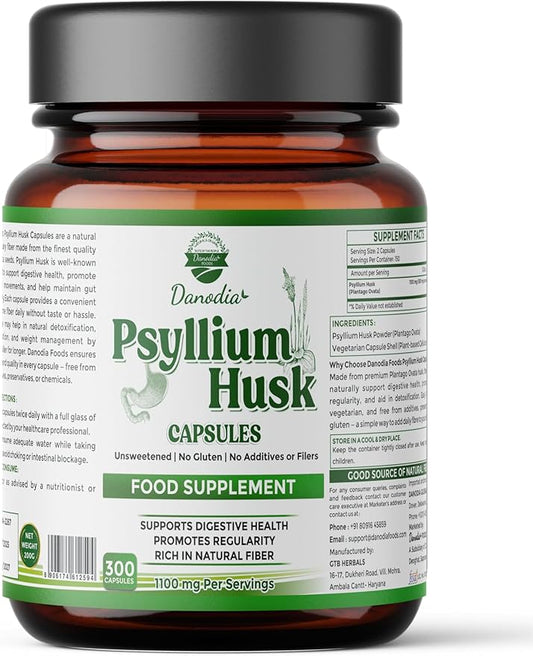 Danodia Foods Psyllium Husk Capsules – 300 Count | Veg Capsules | No additives or Filers | Gluten-Free, Non-GMO | Natural Fiber Supplement | No Artificial Colors or Preservatives