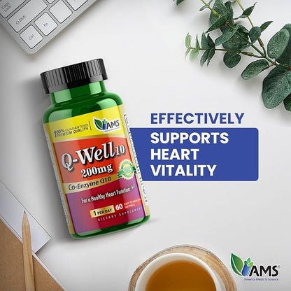 America Medic & Science Q-Well-10 (60 Count) | CoQ10 200mg Softgels | Nutritional Supplement with Coenzyme Q10 and Vitamin E | High Absorption Antioxidant for Enhanced Wellness and Heart Health