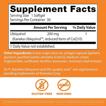 Doctors Best Ubiquinol, Reduced-Form Coenzyme Q1, 200 mg, Non-GMO, Gluten Free, Soy Free 30 Softgels