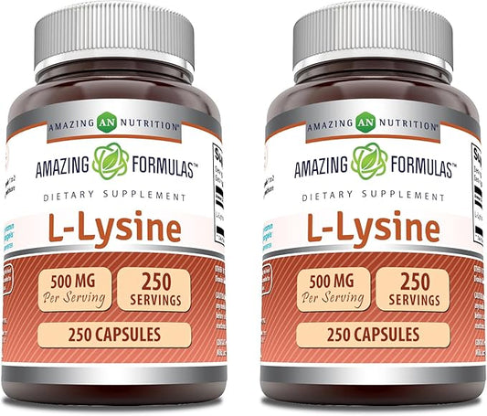 Amazing Formulas L-Lysine 500 mg Capsules Amino Acid Supplement | Non-GMO | Gluten Free | Made in USA (250 | 2 Pack)