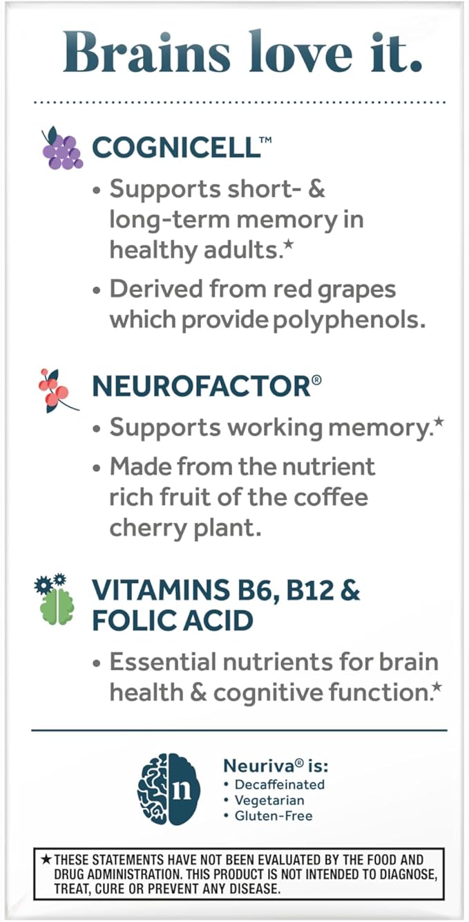 NEURIVA Memory 3D Brain Supplement - Decaffeinated Nootropic Capsules for Memory & Cognitive Function - Short Term, Long Term, & Working Memory Support - 50ct