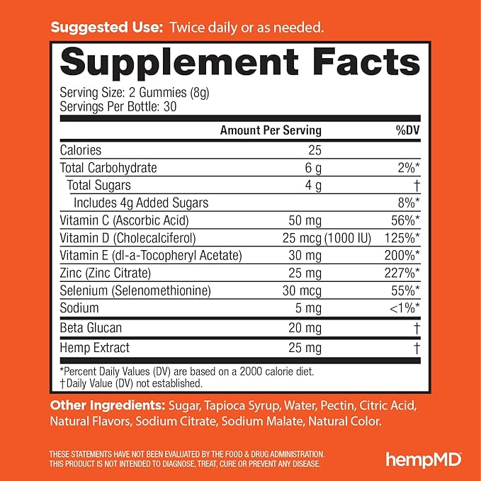 1500 mg Vitamin C Immunity Gummies - Relax and take Care of Your Immune Health. Infused with Citrus Burst Flavor with 25mg Hemp Extract, Vitamin D, E, Elderberry, Zinc 60 Ct