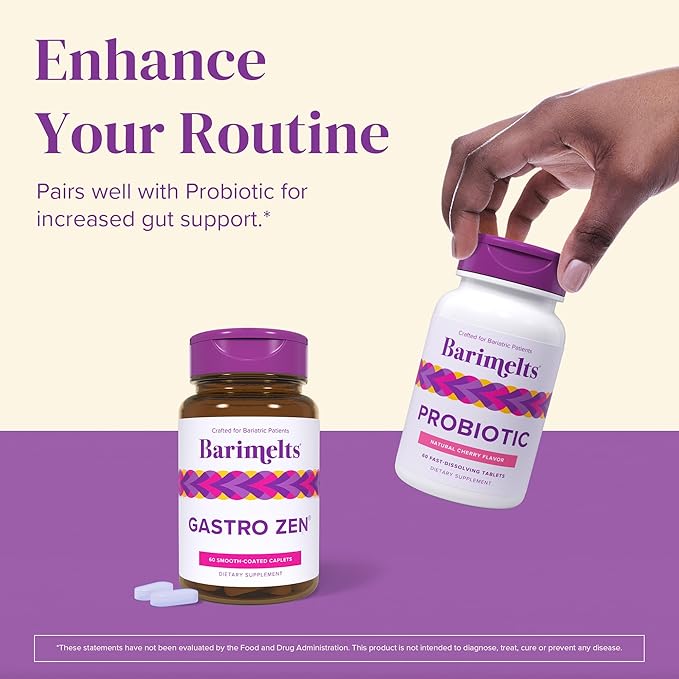 BariMelts Gastro Zen® with Gastro-AD® for GLP-1 Users and Bariatric Patients - Postbiotics for Heartburn Relief & Gut Health - 60 Smooth-Coated Caplets (1-Month Supply)