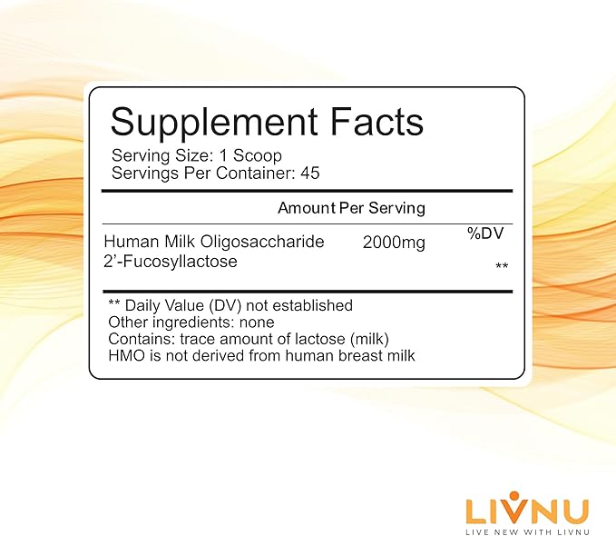 LivNu | HMO Human Milk Oligosaccharide (HMO 2'-FL) Prebiotic Powder | Gut, Stomach, and Digestive Health | 45 Servings