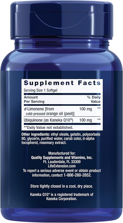 Life Extension CoQ10 (Ubiquinone) with d-Limonene – Heart Health, Fight General Fatigue, Better Absorption – Gluten-Free, Non-GMO – 60 Softgels