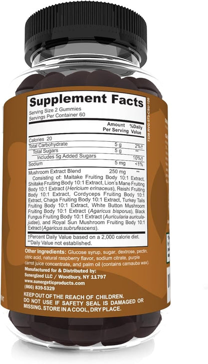 Sunergetic Premium Mushroom Gummies Supplement -for Immune Health, Brain, Mood & Stress Support - Mushroom Blend with Lions Mane, Chaga Extract, Reishi, Turkey Tail, Cordyceps (120 Gummies)