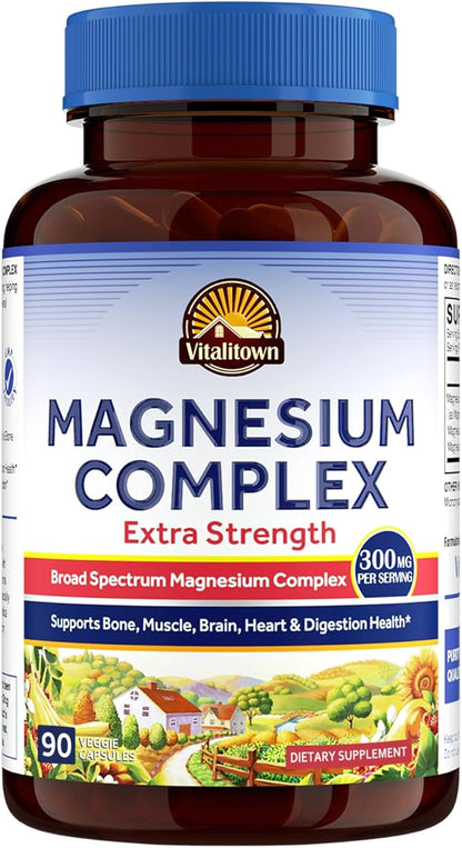 Vitalitown Magnesium Complex Supplement | 300mg Elemental Magnesium | Magnesium Citrate Glycinate Taurate Malate | Non-GMO, No Gluten, 90 Vegan Magnesium Capsules for Bone Muscle Brain Heart