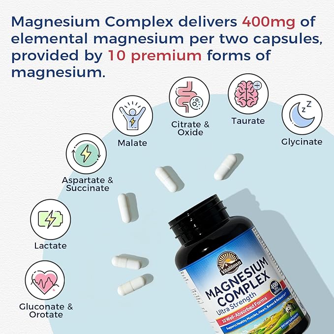 Vitalitown 10 in 1 Magnesium Complex Supplement - 400mg Elemental Magnesium Chelated with Glycinate, Citrate, Malate, Taurate & More - for Sleep Muscle Heart Energy - Non-GMO, Vegan, 90 Caps