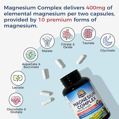 Vitalitown 10 in 1 Magnesium Complex Supplement - 400mg Elemental Magnesium Chelated with Glycinate, Citrate, Malate, Taurate & More - for Sleep Muscle Heart Energy - Non-GMO, Vegan, 90 Caps