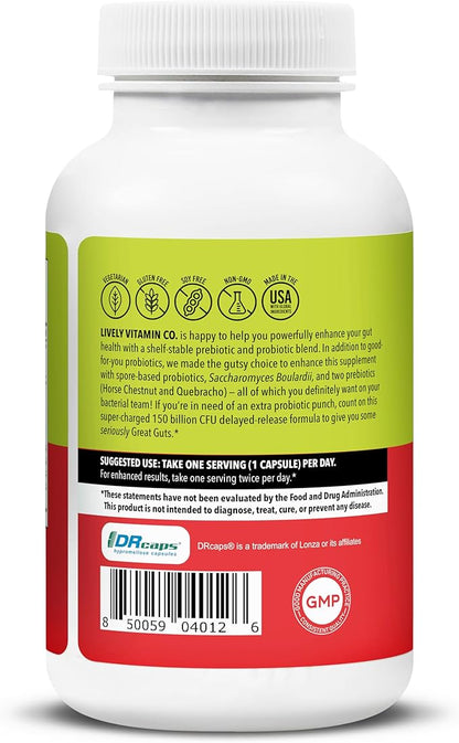 LIVELY VITAMIN CO. Great Guts Probiotic - 150 Billion CFU Probiotic - Balance Gut Microbiome, GI Tract, Inflammation, Indigestion, Reflux, Upset Stomach, & Diarrhea - 60 Caps