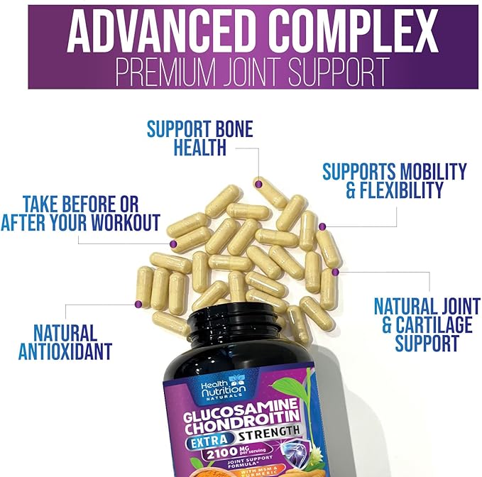 Glucosamine Chondroitin MSM Complex - 2100mg Joint Support Supplement with Turmeric & Boswellia - Quercetin for Joints, Bones, Knees & Mobility - Triple Strength Glucosamine Sulfate - 60 Capsules