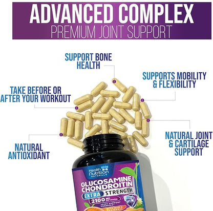 Glucosamine Chondroitin MSM Complex - 2100mg Joint Support Supplement with Turmeric & Boswellia - Quercetin for Joints, Bones, Knees & Mobility - Triple Strength Glucosamine Sulfate - 60 Capsules
