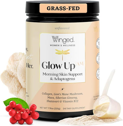 Winged Wellness Glow Up AM, Collagen Powder for Women - Morning Beauty Supplement for Glowing Skin with Grass-Fed Hydrolyzed Collagen Peptides, Lion's Mane & Maca Root - 21 Servings, Unflavored