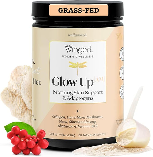 Winged Wellness Glow Up AM, Collagen Powder for Women - Morning Beauty Supplement for Glowing Skin with Grass-Fed Hydrolyzed Collagen Peptides, Lion's Mane & Maca Root - 21 Servings, Unflavored