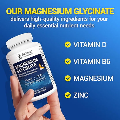Dr. Berg Magnesium Glycinate with Vitamin D, B6 & Zinc for Stress Relief, Calm, Relaxation, & Good Sleep* - 120 mg Per Magnesium Supplement Capsule - Chelated Magnesium Glycinate - 150 Caps