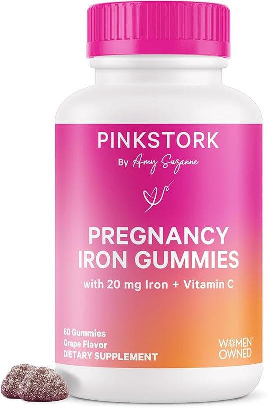 Pink Stork Prenatal Iron Supplement Gummies for Women - 20 mg with Vitamin C - Grape Chewable for Deficiency, Energy, & Blood Builder - 60 Gummy Chews