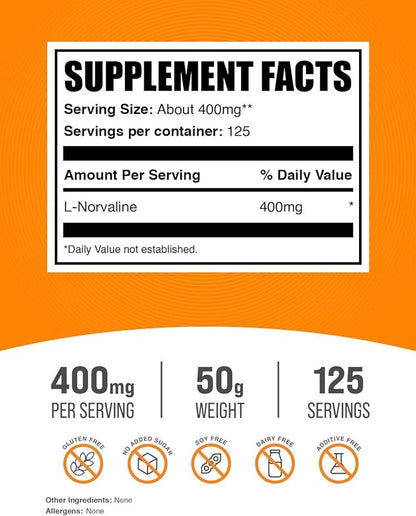 BulkSupplements.com L-Norvaline Powder - L-Norvaline Supplement, Nitric Oxide Supplement - Amino Acid Supplement, Gluten Free, 400mg per Serving, 50g (1.8 oz) (Pack of 1)