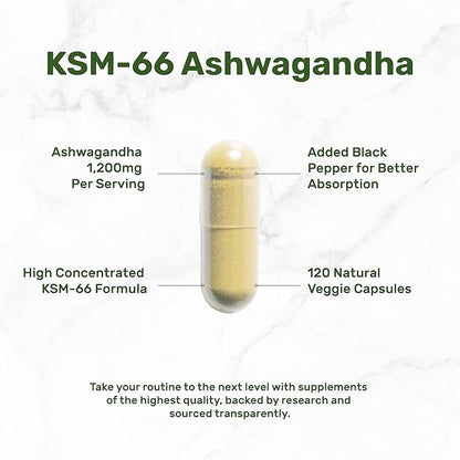 KSM 66 Ashwagandha 1,200mg with Black Pepper, 120 Veggie Capsules – Extra Strength Root Extract – High Absorption – Adaptogenic Supplements for Relaxation, Energy, & Brain Health – Non-GMO