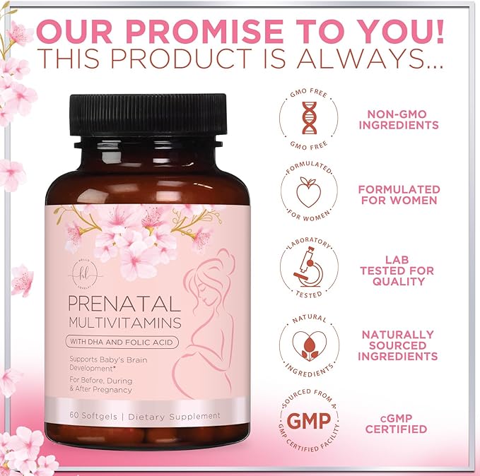 Women's Prenatal Multivitamin with Folic Acid + DHA, Essential Prenatal Vitamins with Folate, Omega 3, Vitamin D3, B6, B12 & Iron, Pregnancy Support Supplement for Mom and Baby - 60 Softgels