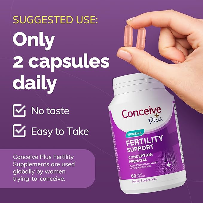 CONCEIVE PLUS Women's Fertility Support: Conception Prenatal Supplements for Her, Aids Hormonal Balance, & Regular Cycles - Folic Acid, B12, Zinc, Biotin, Non-GMO - 60 Vegetarian Soft Capsules
