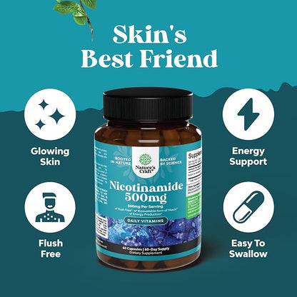 Vitamin B3 Niacinamide 500mg Capsules - Mitochondrial Energy and Potent Skin Supplement - Vitamin B3 Niacin 500mg Flush Free and Nicotinamide 500mg - Flush Free Niacin Supplement - 60 Count