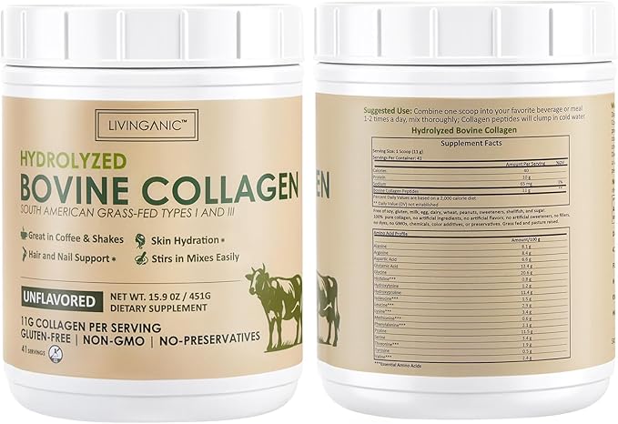 Collagen Peptides Powder Unflavored 15.9oz, Hydrolyzed Bovine Collagen 41 Servings Types I & III, Grass-Fed, Pasture-Raised Protein, Zero Sugar Supplement