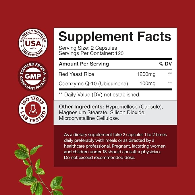 Red Yeast Rice with CoQ10 Supplement - Advanced Healthy Heart Formula for Men & Women - Extra Strength Capsule with 1200 mg per Serving - Vegan & Non-GMO - 240 Count