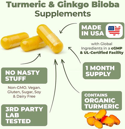 Turmeric Curcumin with Black Pepper and Ginkgo Biloba supplements. Natural Turmeric Supplement with Organic Tumeric to aid Joint Health, Brain Clarity, Focus, Memory, and Concentration. Vegan. 60 Caps