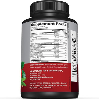 Premium Blood Pressure Support Supplement for Cardiovascular & Heart Health with Garlic, Hawthorn & Hibiscus (180 Capsules)