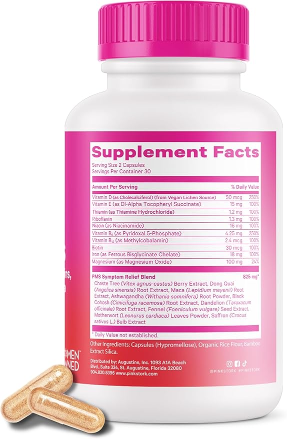 Pink Stork PMS Supplement for Women - Vitex, Ashwagandha, Maca Root & 10 Vitamins & Minerals to Support Hormone Balance, Mood, Bloating, Period Regularity - 60 Capsules