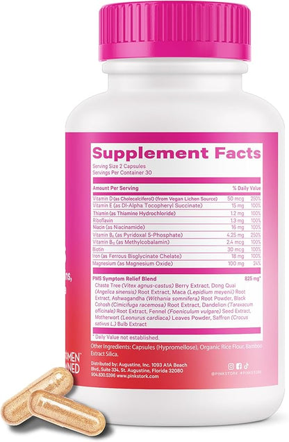 Pink Stork PMS Supplement for Women - Vitex, Ashwagandha, Maca Root & 10 Vitamins & Minerals to Support Hormone Balance, Mood, Bloating, Period Regularity - 60 Capsules