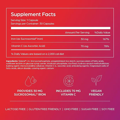 SiderAL® Forte 30mg Iron Supplement with Vitamin C | Gentle on Stomach, High Absorption | High Strength for Energy, Deficiency, Anemia or Recovery | Vegan-Friendly and Gluten-Friendly | 30 Capsules