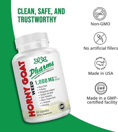 PHARMS Hornygoatweed for Men & Women (1,000 mg) - Energy & Stamina Capsules with Maca Root, Tribulus, Tongkat Ali, Saw Palmetto & Ginseng - Female & Male Performance Enhancing Supplement - 60 Capsules