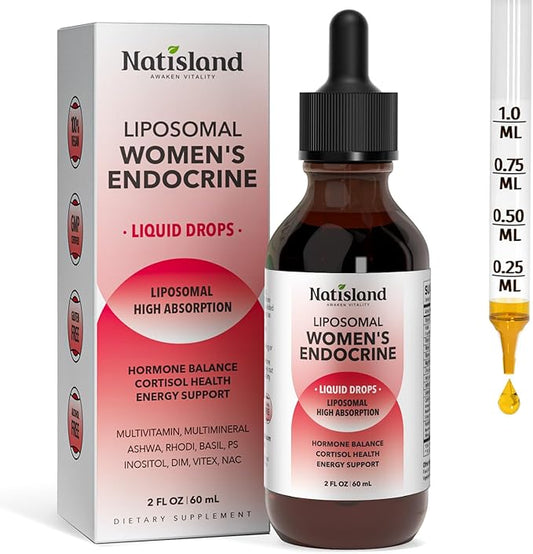 Liposomal Women’s Endocrine Liquid, Hormone Balance Supplement for Women, Cortisol Health Support Drops, Relaxation & Gut Health, Multivitamin with Myo-Inositols, DIM, Rhodiola, 2 FL OZ