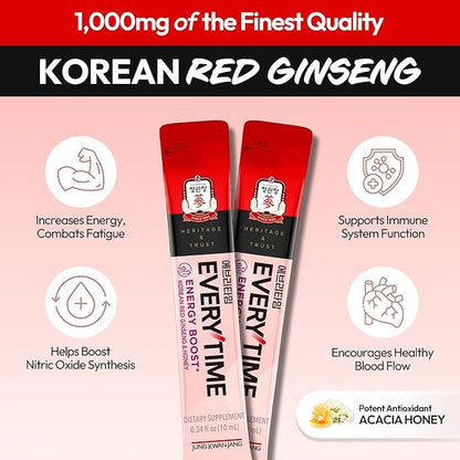 Everytime Energy Boost Korean Red Ginseng Extract 1,000mg & Honey - Vegan Ginseng Energy Drink Liquid Stick Supplements - Builds Stamina & Immunity No Caffeine (30 Sticks, 0.34 fl oz)
