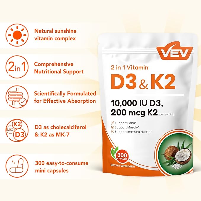 VEV Vitamin D3 K2, 10,000 IU D3, 200mcg K2 (with MK7), Supports Bone and Teeth Health, Dual Nutrient Support for Daily Wellness, Easy to Swallow (Packaging May Vary) – 300 Capsules