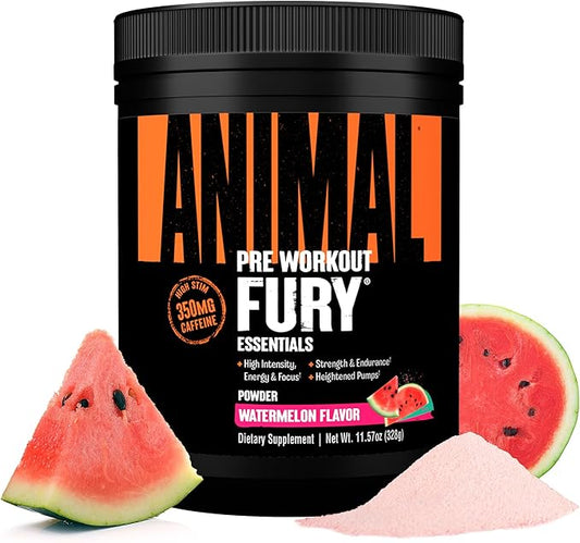 Animal Fury Pre Workout Powder - Watermelon, 350mg Caffeine, BCAA Amino Acids, 2g Beta Alanine, Citrulline & Tyrosine, Energy, Focus, Strength, Endurance, Preworkout for Men & Women, 20 Servings