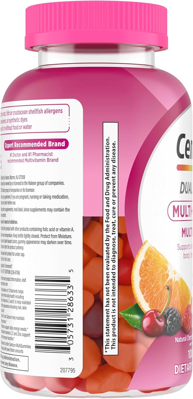 Centrum MultiGummies Multi+ Beauty Dual Action Multivitamin, Specially Designed with Biotin for Healthy Hair, Skin and Nails, Cherry/Berry/Orange Flavors - 100 Count
