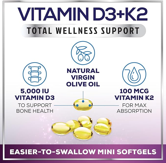 Vitamin D3 K2 - High Potency 5000iu D3 (125mcg) & 100mcg K2 (MK7) for Calcium Absorption, Bone, Teeth, Heart & Immune Support, Easy to Swallow D & K Complex, Non-GMO & Gluten Free - 240 Softgels