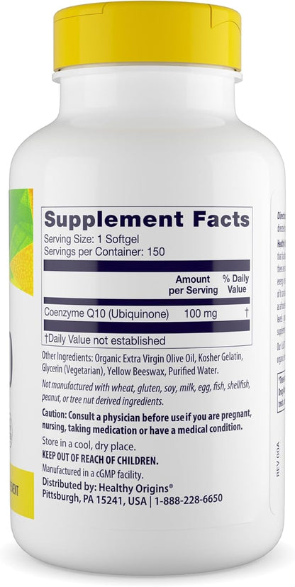 Healthy Origins® CoQ10 100 mg – Natural Trans-Isomer Ubiquinone – Yeast Fermented, Supports Heart Health & Cellular Energy – Non-GMO 150 Softgels