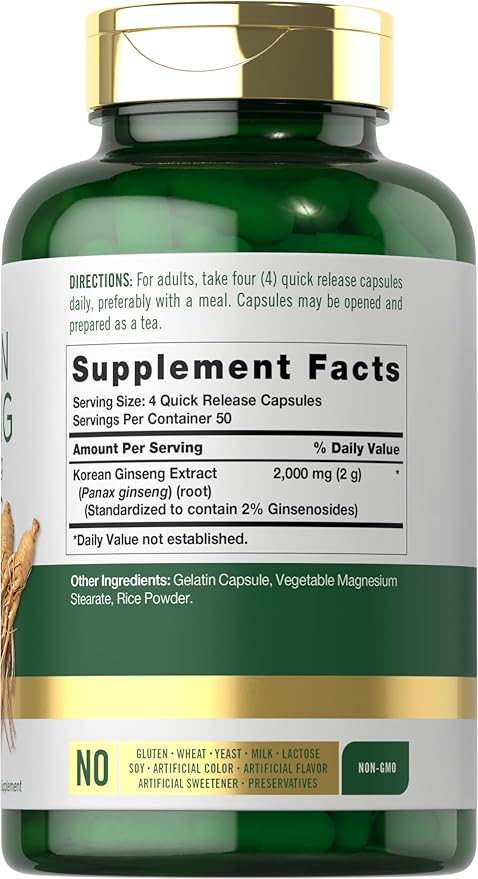 Carlyle Korean Ginseng Extract Capsules 2000 mg | 200 Capsules | Non-GMO and Gluten Free Formula | Standardized Panax Ginseng Supplement