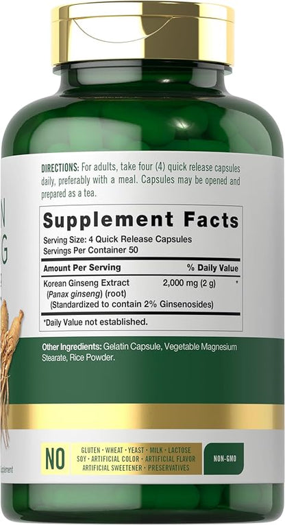 Carlyle Korean Ginseng Extract Capsules 2000 mg | 200 Capsules | Non-GMO and Gluten Free Formula | Standardized Panax Ginseng Supplement